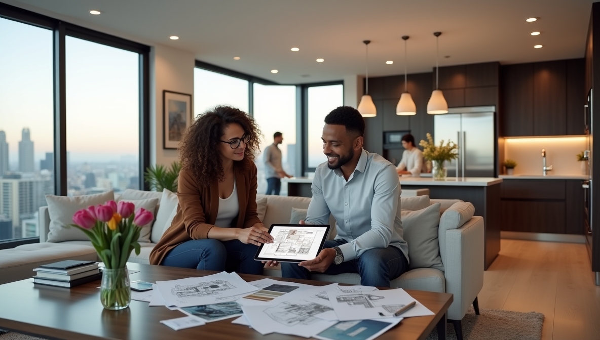 Geometric collage of renovation materials - concrete, wood, marble, metal